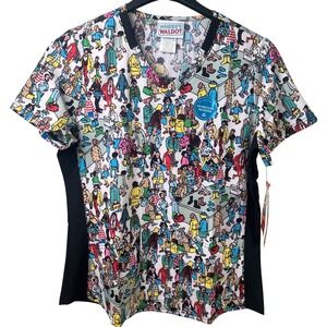 Where's Waldo? Graphic Tooniforms Cherokee Scrub‎ Nurse Uniform Top Medium NWT